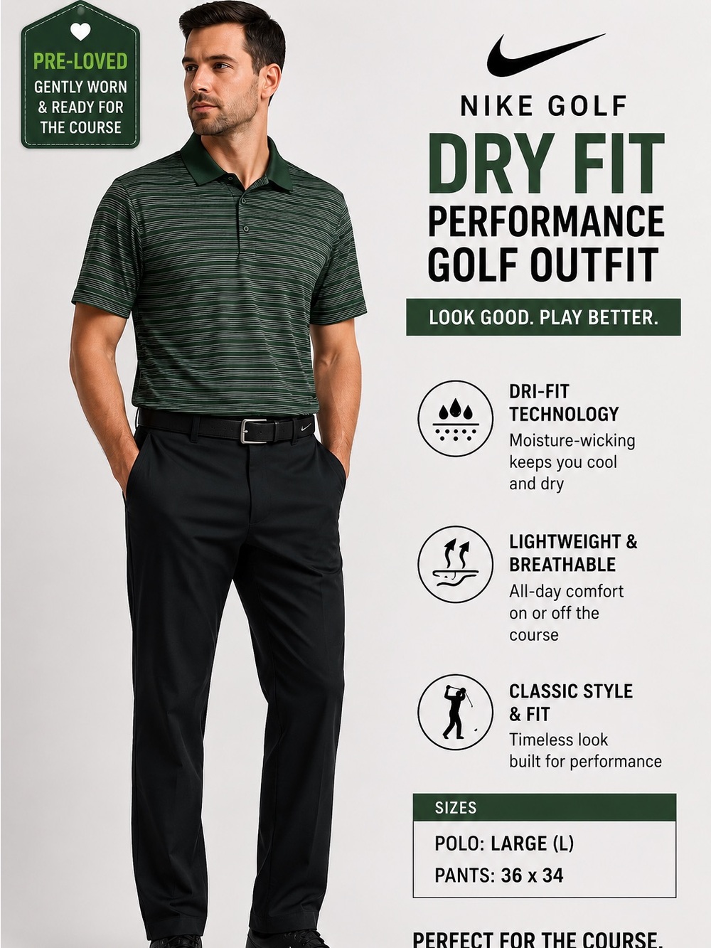 Nike Dri-Fit Black Dress Pants SZ 36x34 Nike Golf Dri-Fit Green Polo SZ‎ L